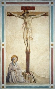 La crucifixión con la Virgen María. Inscripción "INRI" en la cruz. Fresco de Guido di Pietro (o Fra Giovanni da Fiesole) llamado Fra Angelico o il Beato (1400-1455) de Fra  Angelico