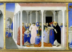 Santa Dominica (1170 - 1221) resucitando a Napoleone Orsini, la parte inferior (la predela) de la 