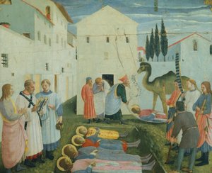 El entierro de los santos Cosme y Damián, predela que representa la historia de los santos Cosme y Damián del retablo de San Marcos de Fra  Angelico