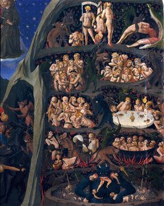 El juicio final: infierno. Las almas de los condenados sometidas a tortura en los círculos del Infierno. El diablo abajo tiene a uno de ellos. de Fra  Angelico