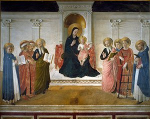 Virgen de las Sombras o Santa Conversación o Virgen y Niño con Ocho Santos: Domingo, San Cosme y San Damián, San Marcos, San Juan Evangelista, Santo Tomás de Aquino, San Lorenzo y San Pedro de Fra  Angelico