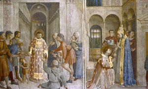 San Sixto confía los tesoros de la iglesia a San Lorenzo y San Lorenzo dando limosna de Fra (c.1400 55) Angelico
