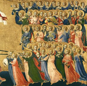 Cristo glorificado en la corte celestial, detalle de ángeles musicales del lado derecho, 1419-35 (detalle)