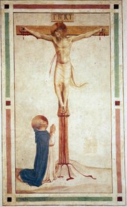 La crucifixión con Santo Domingo. Inscripción "INRI" en la cruz. Fresco de Guido di Pietro de Fra Angelico