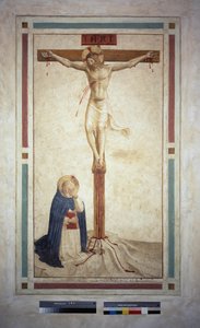 La crucifixión con San Domingo. Inscripción "INRI" en la cruz. Fresco de Guido di Pietro de Fra Angelico