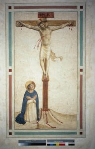 La crucifixión con San Domingo. Inscripción "INRI" en la cruz. Fresco de Guido di Pietro de Fra Angelico