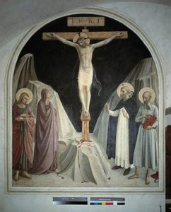 La crucifixión de Cristo con la Virgen María, San Juan el Evangelista, San Jerónimo, San Domingo. Inscripción "INRI" en la cruz. Fresco de Guido di Pietro de Fra Angelico