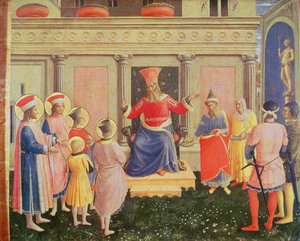 Santos Cosme y Damián y sus hermanos ante el procónsul Lisias, de la predela del retablo de San Marcos, 1438-40