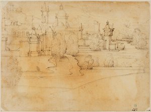 Vista de una ciudad con edificios renacentistas junto a un río de Fra Bartolommeo