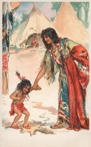 Una mujer nativa americana sosteniendo la mano de su hijo
