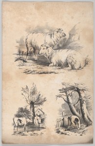 Viñeta con dos ovejas, viñeta con dos vacas en un estanque y viñeta de un recolector de leña..., 1847 de Frances Flora Bond Palmer