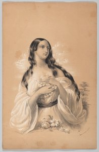 Mujer sosteniendo flores, en The New York Drawing Book, Containing a Series of Original Designs, 1847 de Frances Flora Bond Palmer