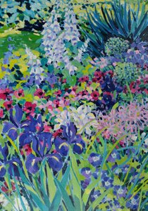 Early Summer Border (Iris and White Foxgloves), 2022 (acrílico sobre lienzo)