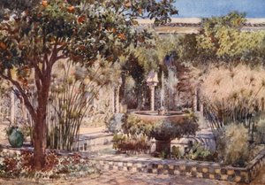 Patio ajardinado de una antigua villa árabe, Argel (litografía en color)