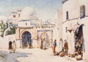 La zauia de la calle Tourbet el Bey, Túnez (litografía en color)