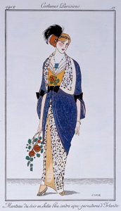 Trajes parisinos: Abrigo de noche de satén azul ceniza con adorno irlandés. Dibujado por Francisco Javier Gose (1876-1915) de Francesc Xavier Gosé