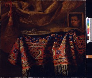 Bodegón con autorretrato. (Bodegón con autorretrato). Pintura de Francesco Fieravino (entre 1610 y 1660). Arte italiano, estilo barroco. Galería de Arte Regional A. Deineka, Kursk, Rusia de Francesco (b.1640) Fieravino