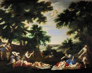 Dioses del amor desarmados por las ninfas de Diana ... de Francesco Albani