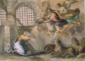 Daniel en el foso de los leones es alimentado por Habacuc