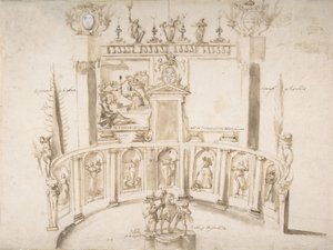 Diseño para una Fiesta en el Jardín con una Pared Semicircular y Estatuas en Nichos, ca. 1635-79 de Francesco Allegrini
