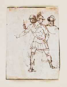 Estudio de dos soldados romanos y una figura barbuda (recto); Estudio de un hombre barbudo caminando con un bastón (verso) de Francesco Allegrini