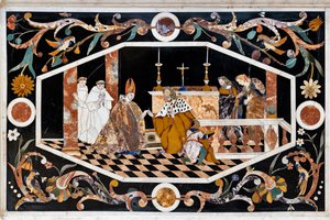 El altar mayor, dotado de dos mesas, está coronado por un grandioso tabernáculo de mármol, detalle