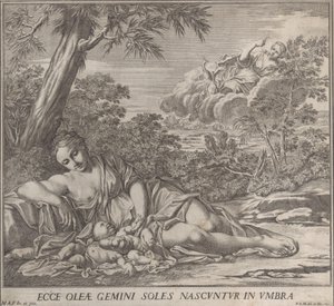 Latona y sus gemelos dormidos, Apolo y Diana, en un paisaje de Francesco Antonio Meloni