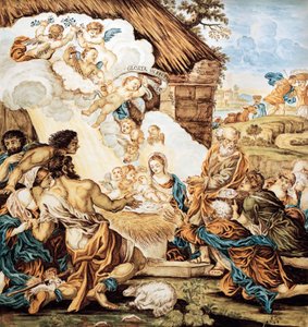 Pesebre, placa de mayólica pintada, de Francesco Antonio Xaverio Grue (1686-1746), fabricación de Abruzzo Castelli, Italia