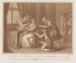 Los duques de Northumberland y Suffolk piden a Lady Jane Grey que acepte la corona Los duques de Northumberland y Suffolk orando a Lady Jane Grey para que acepte la corona (título sobre objeto)