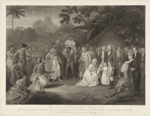 Kapitein James Wilson op het eiland Otaheité La Cesión de Matavai (en Tahití) al Capitán James Wilson La Cesión del Distrito de Matavai en la Isla de Otaheite al Capitán James Wilson para el uso de los Misioneros Enviados Allá por esa Sociedad de Francesco Bartolozzi