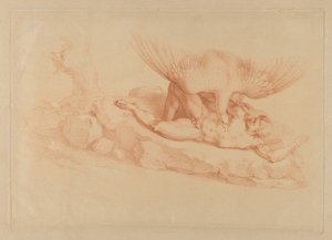 Prometeo, desnudo, encadenado a una roca, mirando hacia arriba a un águila sobre él, 1795