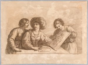 Tres mujeres con una paleta y boceto de un diseño de Francesco Bartolozzi