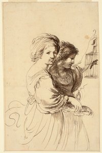 Dos Niñas Jóvenes, Una Sosteniendo una Jaula de Francesco Bartolozzi