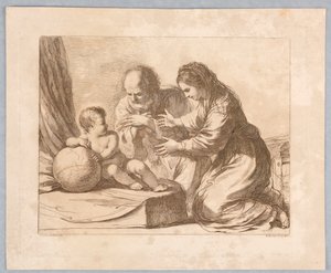 Virgen María, José y el Niño, con un globo