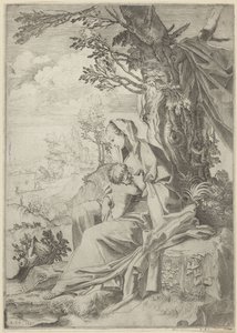 María amamantando al niño Jesús en un paisaje de Francesco Brizio
