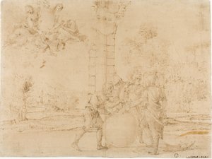 Octavio, Marco Antonio y Lépido dividiendo el Imperio Romano, con Bolonia al fondo