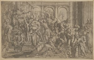 San Roque a la izquierda distribuyendo limosnas a un grupo de personas reunidas a su alrededor, ca. 1607 de Francesco Brizio