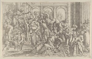 San Roque a la izquierda distribuyendo limosnas a un grupo de personas reunidas a su alrededor, ca. 1590-1600 de Francesco Brizio