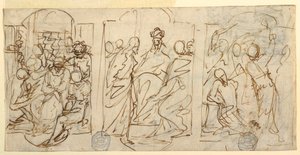 Dibujo, Tres etapas de la Pasión: La burla, Cristo ante Pilatos, Flagelación, ca. 1848 de Francesco Coghetti