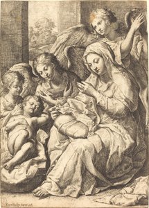 Virgen y ángeles velando al niño Jesús dormido de Francesco Cozza