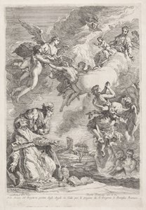 San Gregorio Magno y San Jerónimo rezan por las almas del purgatorio Molte Anime del Purgatorio portate dagli Angeli in Cielo per le pregiere di S. Gregorio I. Pontefice Romano (título sobre objeto) de Francesco Fontebasso