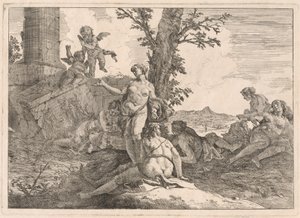 Seis ninfas y dos cupidos en un paisaje de Francesco Fontebasso