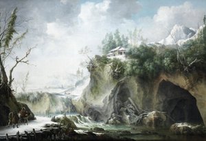 Un paisaje fluvial en invierno, con viajeros en un camino nevado