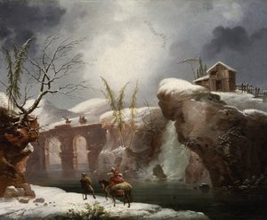 Un paisaje invernal con viajeros junto a un río