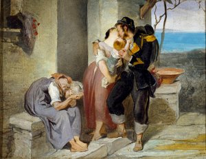 Partida del soldado De una familia, el soldado deja a su mujer y a su hijo llorando para ir a la guerra. Pintura de Francesco Gandolfi (1824-1873) Dim. 27x38 cm Genes Nervi, Civica Galleria d