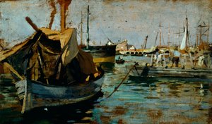 Trabajando en el puerto de Livorno (Leghorn) de Francesco Gioli (1846-1922), óleo sobre tabla, 22x38 cm de Francesco Gioli