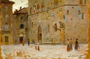 En la plaza de Volterra de Francesco Gioli (1846-1922), óleo sobre tabla