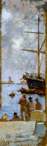 Vista del puerto de Livorno de Francesco Gioli (1846-1922), óleo sobre lienzo transferido a cartón, 38x12 cm de Francesco Gioli