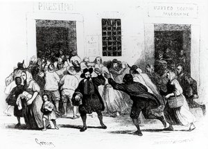 El saqueo de la panadería de las muletas, episodio de Los Novios, por Alessandro Manzoni (1785-1873), ilustración de Francesco Gonin (1808-1889) edición de 1840 de Francesco Gonin