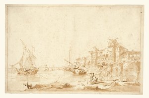 Vista imaginaria de una laguna veneciana con una fortaleza en la orilla de Francesco Guardi